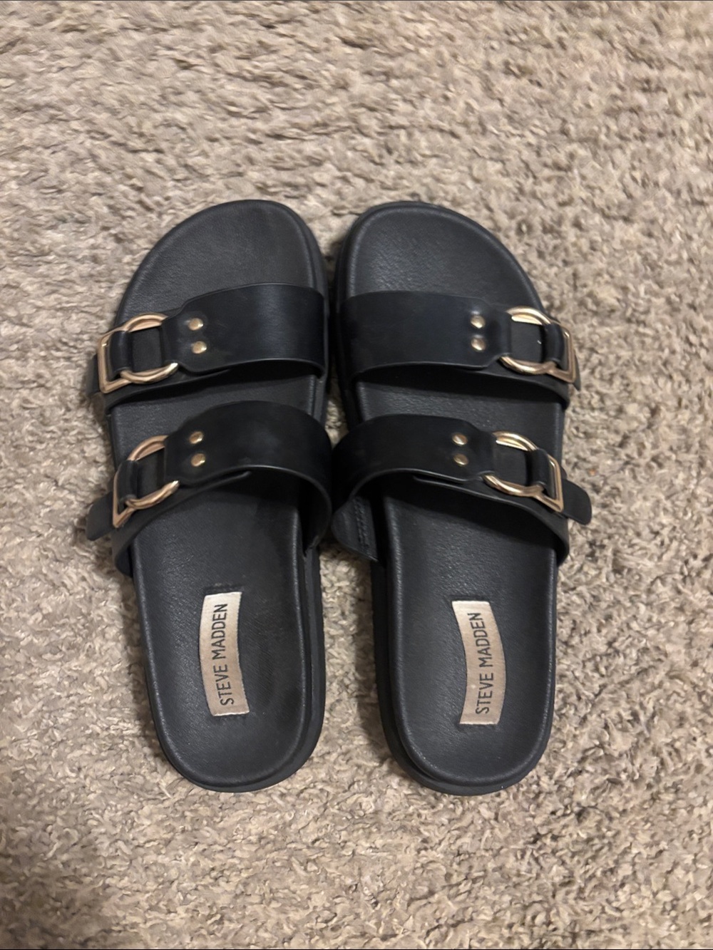 Steve Madden Black Slide Sandals with Gold Buckles - Double Strap